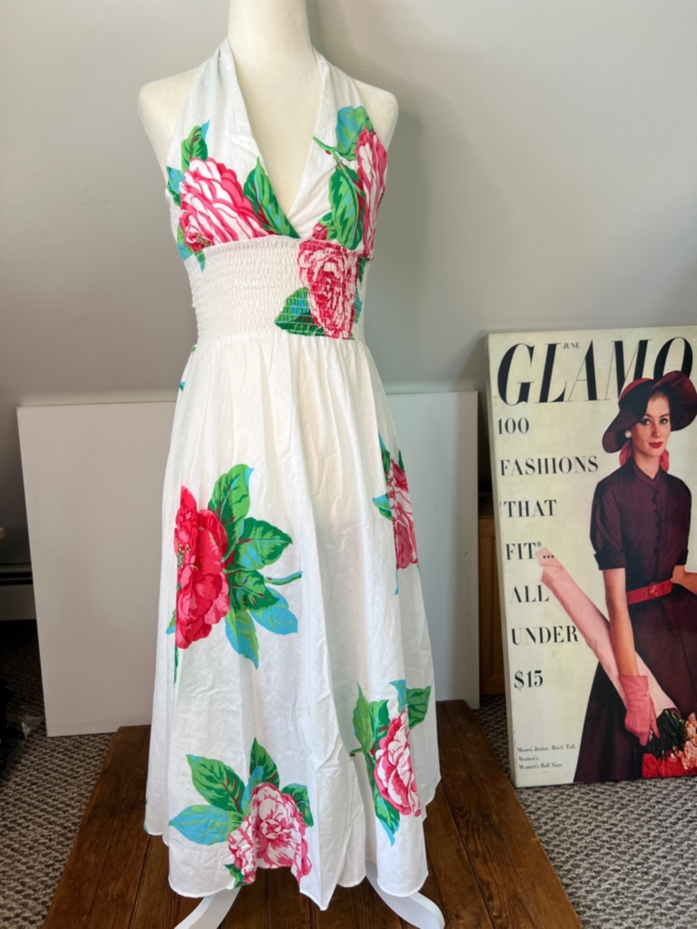 Vintage 80s sundress White Halter Floral Midi  Dress with Pink & Green Blooms